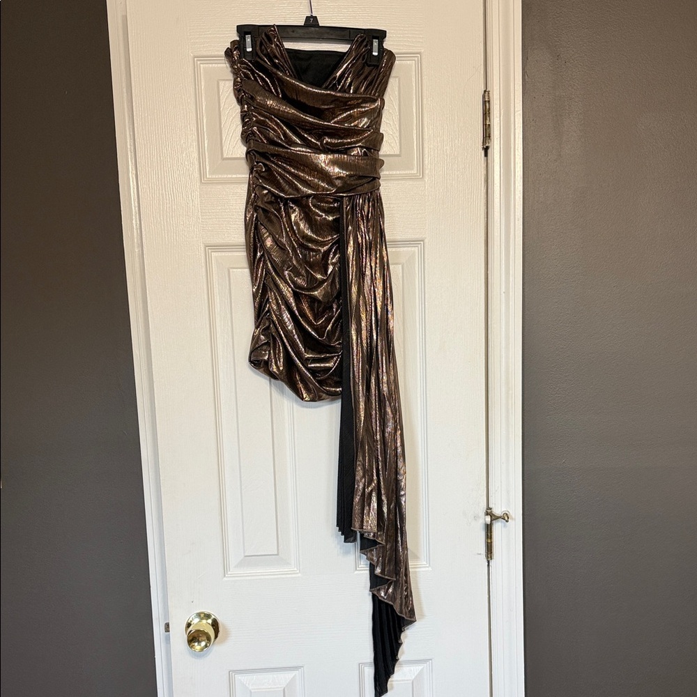 Strapless Metallic Bronze Draped Dress